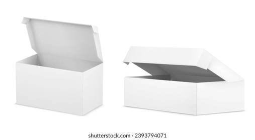 White open cardboard box mockup. Realistic vector illustration set of blank carton package for delivery or gift concept. Rectangular paper pack mock up for corporate and brand presentation.