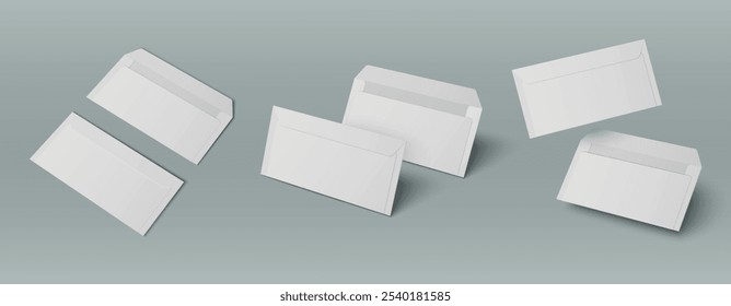 Modelo de envelope branco aberto e fechado carta em branco. 3d design realista de maquete de correio de papel. Papel de carta isolado para documento ou mensagem padrão. Ilustração de pacote de fatura postal de escritório de tamanho grande