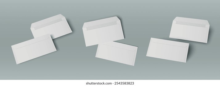 Modelo de envelope branco aberto e fechado carta em branco. 3d design realista de maquete de correio de papel. Papel de carta isolado para documento ou mensagem padrão. Ilustração de pacote de fatura postal de escritório de tamanho grande