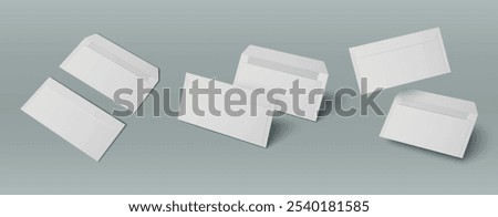 White open and closed blank letter envelop mockup. 3d realistic design of paper mail mock up. Isolated stationery for document or standard message. Long size office postal bill package illustration