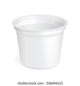 White Open Cup Tub Food Plastic Container For Dessert, Yogurt, Ice Cream, Sour Sream Or Snack. Illustration Isolated On White Background. Mock Up Template Ready For Your Design. Vector EPS10