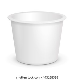 White Open Cup Tub Food Plastic Container For Dessert, Yogurt, Ice Cream, Sour cream Or Snack. Illustration Isolated On White Background. Mock Up Template Ready For Your Design. Vector EPS10