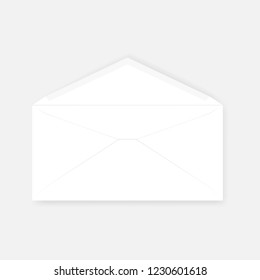 White open DL envelope with gummed seal on gray background, V flap design. Vector mock-up.