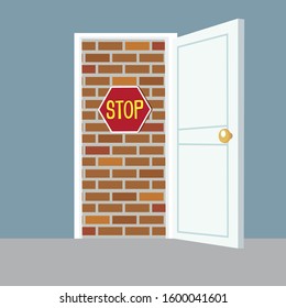 White open door and brick wall dead end, illustration vector cartoon