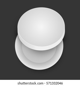 White open empty round cardboard box isolated on black background. Mockup template for design products, package, branding, advertising. Top view. Vector illustration.