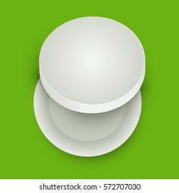 White open empty round cardboard box isolated on green background. Mockup template for design products, package, branding, advertising. Top view. Vector illustration.