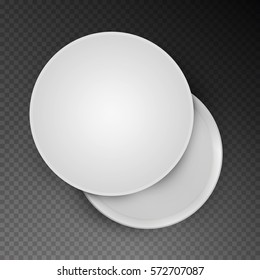 White open empty round cardboard box isolated on transparent background. Mockup template for design products, package, branding, advertising. Top view. Vector illustration.