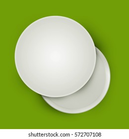 White open empty round cardboard box isolated on green background. Mockup template for design products, package, branding, advertising. Top view. Vector illustration.