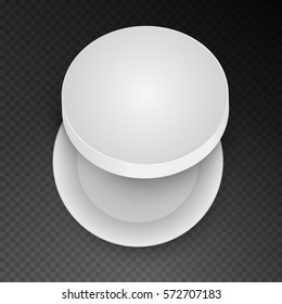 White open empty round cardboard box isolated on transparent background. Mockup template for design products, package, branding, advertising. Top view. Vector illustration.