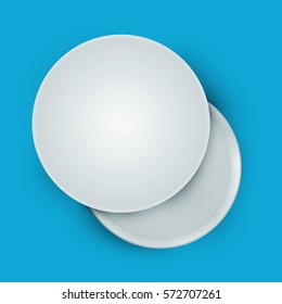 White open empty round cardboard box isolated on blue background. Mockup template for design products, package, branding, advertising. Top view. Vector illustration.