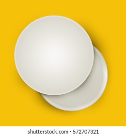 White open empty round cardboard box isolated on yellow background. Mockup template for design products, package, branding, advertising. Top view. Vector illustration.