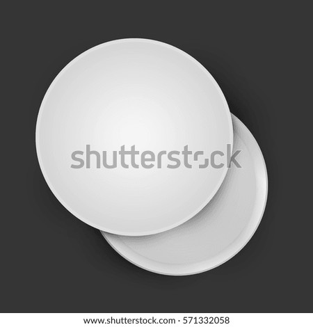 White open empty round cardboard box isolated on black background. Mockup template for design products, package, branding, advertising. Top view. Vector illustration.