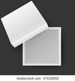 White open empty squares cardboard box isolated on black background. Mockup template for design products, package, branding, advertising. Top view. Vector illustration.