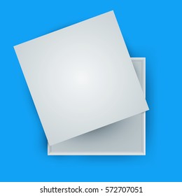White open empty squares cardboard box isolated on blue background. Mockup template for design products, package, branding, advertising. Top view. Vector illustration.