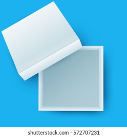 White open empty squares cardboard box isolated on blue background. Mockup template for design products, package, branding, advertising. Top view. Vector illustration.