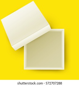 White open empty squares cardboard box isolated on yellow background. Mockup template for design products, package, branding, advertising. Top view. Vector illustration.