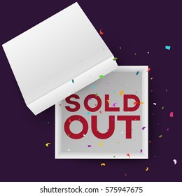 White open empty squares cardboard box with inscription sold out and confetti isolated on black background. Mockup template for products, package, branding, advertising. Top view. Vector illustration.