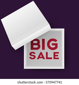 White open empty squares cardboard box with inscription big sale on black background. Mockup template for products, package, branding, advertising. Top view. Vector illustration.