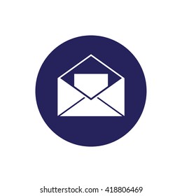 White open envelope letter icon vector. Blue circle. Blue button