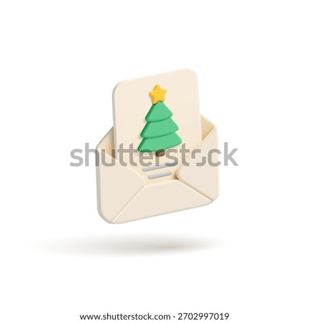 White open Envelope letter to Santa with a wish and a Christmas tree, 3D. Blue winter banner with snow. For children's gift concepts, wishes, invitations. Vector illustration.