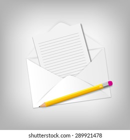 White open envelope with paper and pencil, vector illustration