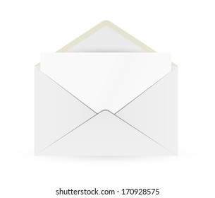 white open envelope and paper with shadow on white background
