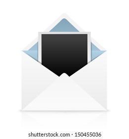 white open envelope with photo frame