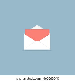 White open envelope with red paper inside. Mail, letter, correspondence, quick instant message. White envelope. Flat style vector with shadows. New message icon. Red letter.