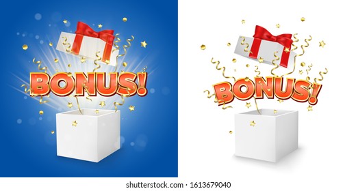White open gift box with Bonus word, gold serpentine and confetti explosion, vector isolated illustration. Bonus loyalty program marketing strategy concept for promo banner, poster etc.