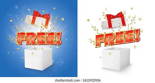 White open gift box with Free word, gold serpentine and confetti explosion, vector isolated illustration. Free gift box, sales promotion concept for banner, poster etc.