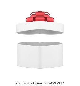 White open gift box heart shape with red luxury bow 3d icon realistic vector illustration. Elegant romantic present package for festive holiday celebrate prize surprise birthday anniversary Christmas