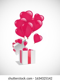 The white open gift box with red ribbons and heart-shaped balloons flying out of the box they are isolated on a white background. The illustration for Valentine's day and other holidays.