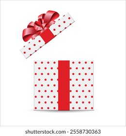 White open gift box with red polka dots and red ribbon bow. 3d style, design for giveaway, surprise, holiday. Vector illustration. stock illustration