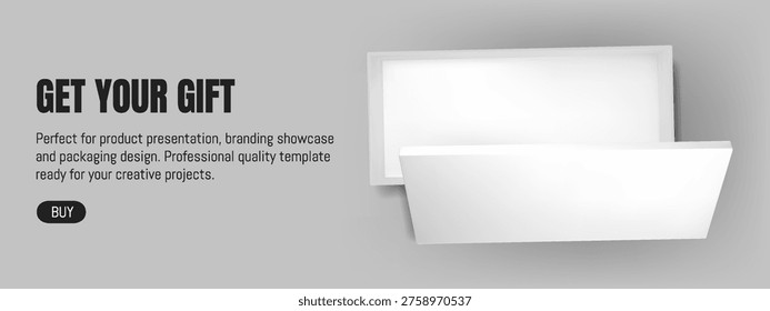 White open gift box top view mockup. 3d empty paper package for banner. Black corporate cardboard illustration. Chocolate present inside or cosmetic for makeup carton case template on background.