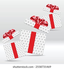 White open gift boxes with grey polka dots and red ribbon bow. 3d style, design for giveaway, surprise, holiday. Vector illustration. stock illustration