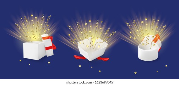 White open gift boxes with serpentine, vector isolated illustration. Round and square boxes with red bows and ribbons for Happy birthday, Christmas, Wedding or Valentine Day greeting card, poster etc.