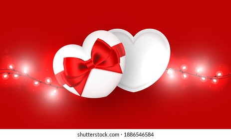 White open heart gift box decorated with red bow-ribbon. Decorative light on red background. Top view. Composition for romance, party, banner, anniversary, Valentine's day. Vector illustration.