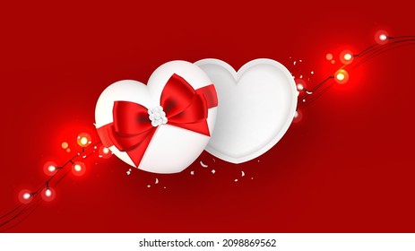 White open heart gift box decorated with Red ribbon tied Bow, and Pearl on Red background. Top view. Vector illustration.