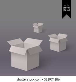 White open isometric colorful boxes for your design isolated on the light background. Open isometric gift boxes. Delivery isometric box. Set of gift isometric boxes. Parcel isometric box. Package box.