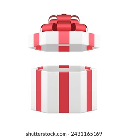 White open luxury gift box with red bow ribbon romantic present 3d icon realistic vector