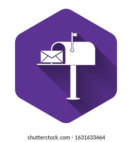 White Open mail box with an envelope icon isolated with long shadow. Purple hexagon button. Vector Illustration