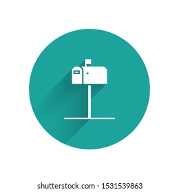 White Open mail box icon isolated with long shadow. Mailbox icon. Mail postbox on pole with flag. Green circle button. Vector Illustration