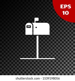 White Open mail box icon isolated on transparent dark background. Mailbox icon. Mail postbox on pole with flag.  Vector Illustration