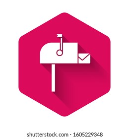 White Open mail box icon isolated with long shadow. Mailbox icon. Mail postbox on pole with flag. Pink hexagon button. Vector Illustration