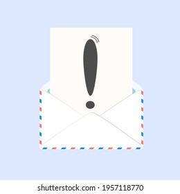 white open mail envelope with a sheet in the middle with an exclamation mark on a light background