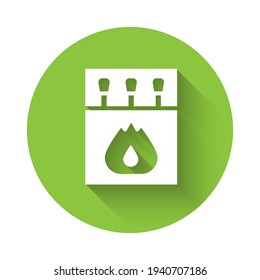 White Open matchbox and matches icon isolated with long shadow. Green circle button. Vector