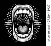 White open mouth screaming with radiating lines on black background shouting yelling