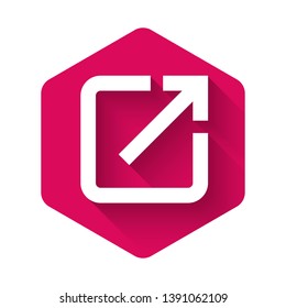 White Open in new window icon isolated with long shadow. Open another tab button sign. Browser frame symbol. External link sign. Pink hexagon button. Vector Illustration