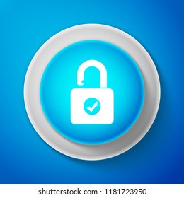 White Open padlock and check mark icon isolated on blue background. Security check lock sign. Circle blue button with white line. Vector Illustration