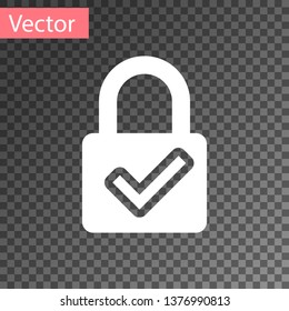 White Open padlock and check mark icon isolated on transparent background. Cyber security concept. Digital data protection. Safety safety. Vector Illustration